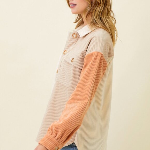 MYSTREE Colorblock Corduroy Shacket, Neutral Beige Cream Camel Button-Up Jacket - Picture 3 of 7